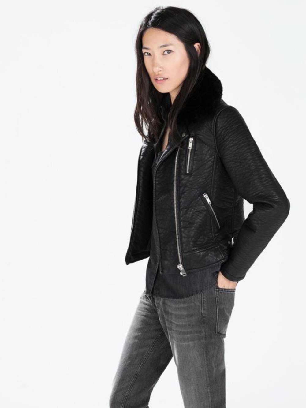 Zara Basic Black Faux Leather Jacket with Dark Shearling